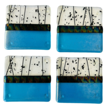 4 Fused Art Glass Drink Coasters Blue Clear Black Dichroic Stripe 3-5/8&quot; Square - £30.92 GBP