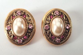 1928 Brand CLIP Earrings Faux Pearls Pink Rhinestones Antique Style Vintage 1990 - $29.99