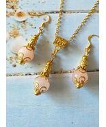 Rose quartz gold jewelry set Victorian set necklace and earrings Boho je... - $52.00