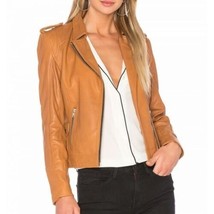 Biker Women&#39;s Lambskin Leather Stylish Tan Jacket Biker Motorcycle Slim Fit - $107.30