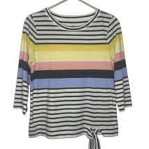 T by Talbots Tie Front Tee Shirt Women Mp Colorful Stripe Scoop 3/4 Slv Cotton - £8.60 GBP