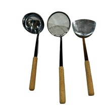 Stainless Steel Wood Wok Scoop Spatula Ladle and Colander Spoon Set JAPA... - $28.75