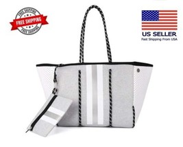 New Large Neoprene Tote Bag w/Zipper Wristlet, Grey / Silver W/Charcoal - £25.55 GBP