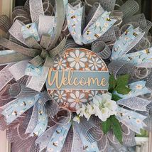 Blue Daisy Floral Wreath  Bee Ribbon Front Door Decor  24x8 - $64.99