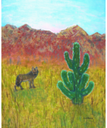 Painting Landscape Original Signed Desert Art Cactus Mountain Coyote Wol... - $966.73 MXN