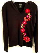 Rafaella Sz S Black Cotton Sweater Embroidered Flowers Long Sleeve V-Nec... - $10.88