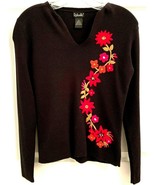 Rafaella Sz S Black Cotton Sweater Embroidered Flowers Long Sleeve V-Nec... - £8.12 GBP