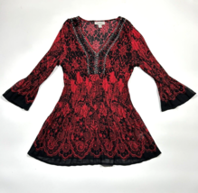 Dressbarn Blouse Womens Small Red Black Embellished Beads Floral Pleated... - $17.75