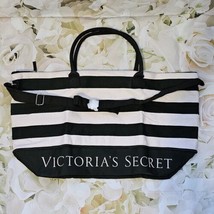 VICTORIA&#39;S SECRET  Pink &amp; Black Striped Canvas Tote Bag Shopper Weekender - £31.23 GBP