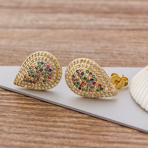 Fahshion Gold Color Water Drop Shape Stud Earrings Colorful CZ Copper Earring In - £8.35 GBP