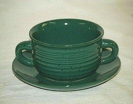 Stoneware Double Handle Soup Bowl &amp; Saucer Green Ribbed Specks LTD Commodities  - £19.97 GBP