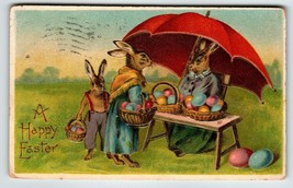 Easter Postcard Dressed Rabbits Painted Eggs Umbrella Fantasy BW Germany 1909 - £14.04 GBP