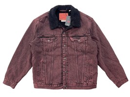 Levis Premium Mens Ox Blood Black Acid Wash Sherpa Rock Denim Trucker Jacket - £64.04 GBP