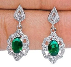 4.50Ct Oval Cut Simulated Green Emerald Dangle Earrings 14K White Gold Plated - £67.25 GBP