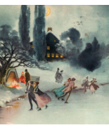 Embossed Christmas Postcard Ice Skating Camp Fire Crescent Moon Scene - $412.83 MXN