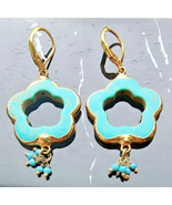 925 STERLING SILVER GOLD PLATED TURQUOISE FLOWER LEVERBACK DROP EARRINGS - $703.88 MXN