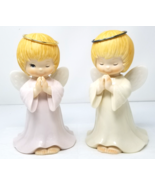 Angel Figurines Silly Mischievous Sly Winking Ceramic Large Pink White Vtg - $28.45