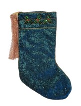 Vtg Crushed Velvet Christmas Stocking Sequins &amp; Beading Holly Berries &amp; Leaves - £18.19 GBP