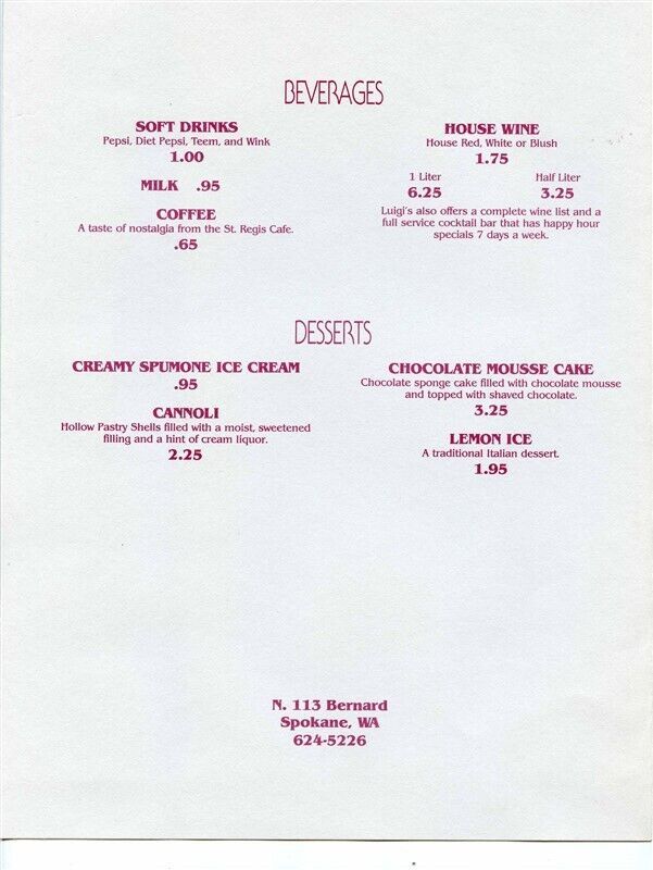 Luigi's Italian Restaurant Menu N 113 Bernard Spokane Washington Menus