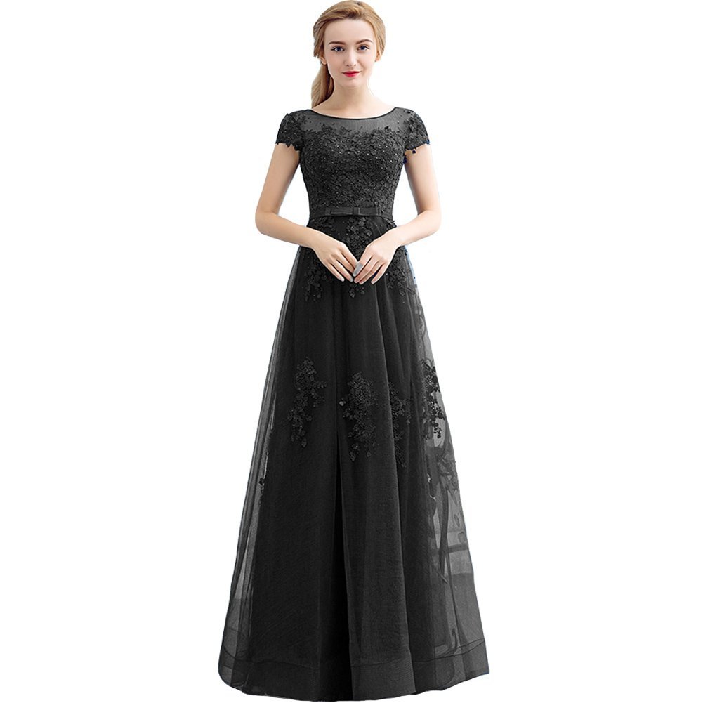 Kivary Short Sleeves Sheer Beaded Lace Long Corset Prom Dresses Evening Gowns Bl