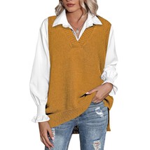 Oversized Sweaters For Women V Neck Sleeveless Pullover Sweater Knit Vest Yellow - £48.69 GBP