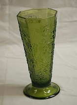 Anchor Hocking Avocado Green Glass Octagon Flower Vase Grape &amp; Leaf Designs MCM - £19.46 GBP