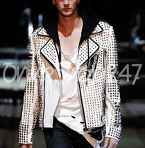 Philip Plein White Full Silver Studded Embroidery Patches Biker Leather Jacket - £190.18 GBP
