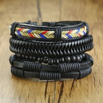 Mix 4Pcs/ Set Braided Wrap Leather Bracelets for Men Women Vintage Wooden Beads  - £14.22 GBP