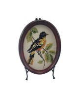 Vintage Oval Embroidered Needlepoint Cross Stitched Yellow Bird Wall Han... - $18.76