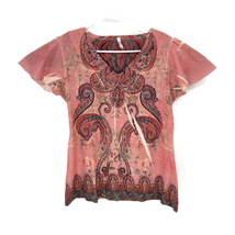 Kiara Womens Tshirt Pink Multicolor Paisley Short Sleeve V Neck Bling Pu... - £9.48 GBP