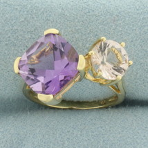 Morganite and Amethyst Toi Et Moi Ring in 14k Yellow Gold - £489.61 GBP