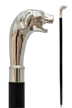 Brass Nautical Wooden Walking Stick Dog Head Handle Chrome Finish - £34.35 GBP