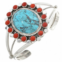 Turquoise Coral Bracelet Sterling Silver Cuff Womens Mens s6.5-7.5 Navajo G Boyd - £305.99 GBP