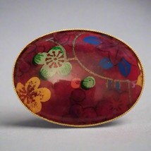 Vintage Red Flower Motif Brooch – Colorful Oval Floral Costume Jewelry - $8.91