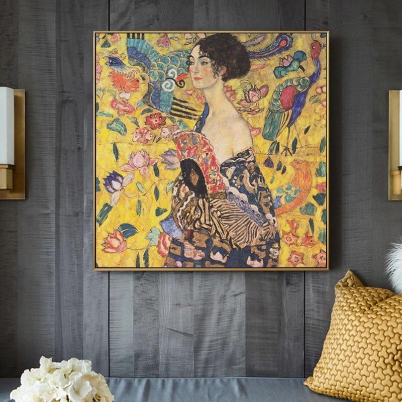 Hand Painted Hand Gustav Klimt Lady with Fan Oil Painting made on Canvas Wall Ar