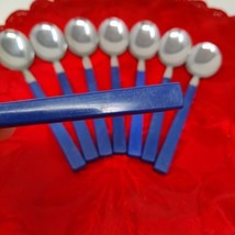 8X Anacapa Stainless Cubed Plastic Handle Blue TEASPOON 6.25&quot; Vtg - $24.98