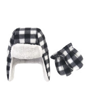 Infant Trapper Hat &amp; Mitten Set Fleece Black White Plaid 12-18M HUDSON BABY -NWT - £7.18 GBP