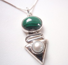 Cultured Pearl and Malachite 925 Sterling Silver Necklace Corona Sun Jewelry - £15.57 GBP