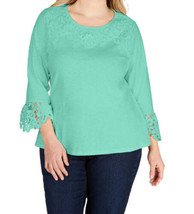 allbrand365 designer Womens Plus Size Cotton Lace Trim Top Size 0X, Aqua Gloss - £21.21 GBP