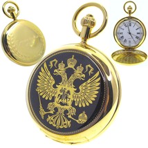 Pocket Watch Gold Color 50 MM Brass Case Gold Eagle Design with Fob Chain C30 - £21.22 GBP
