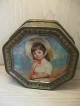 Octagon Tin Little Boy Dog Little Girl Bonnet 2 Sided Sunshine Biscuit Inc 1970 - £15.89 GBP