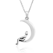 Cosmic Boho Lady Sitting Crescent Moon Celestial Sterling Silver Necklace - £10.51 GBP