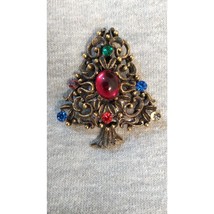 Vintage Signed JJ Jonette Gold Toned Christmas Tree Brooch Pin Rhinestones - £23.23 GBP