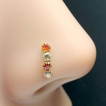 4 Stone Asian Style 14K Real Gold Nose stud CZ nose ring Push Pin - £29.99 GBP