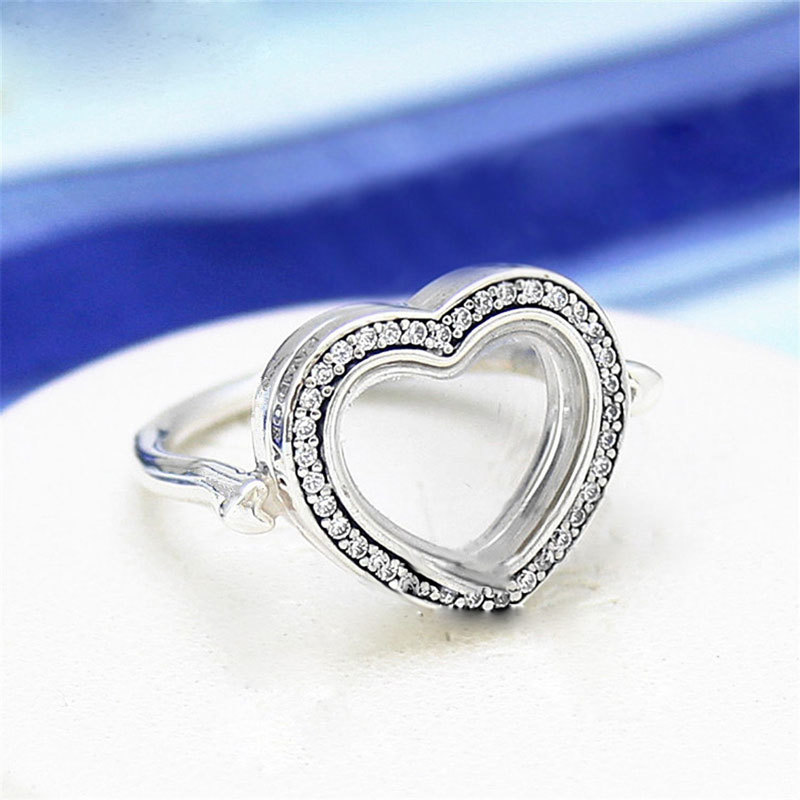 925 Sterling Silver Sparkling Floating Heart Locket Ring