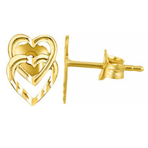 Precious Stars 14k Yellow Gold Diamond-cut Double Heart Earring Studs - £49.02 GBP