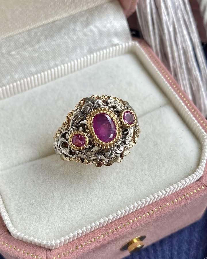 Vintage 18K Gold Ruby Ring Bella Handmade Floral Design Oval Cut Gemston... - $1,485.00