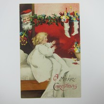 Vintage Christmas Postcard Santa Toys Girl Wakes From Bed Embossed Antique 1908 - £15.65 GBP