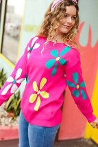 Flower Power Hot Pink Daisy Jacquard Pullover Sweater - £18.11 GBP