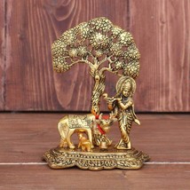 Home Decor Metal Krishna with Cow Standing Under Tree Plying Flute ( 12x8x17cm ) - £27.61 GBP